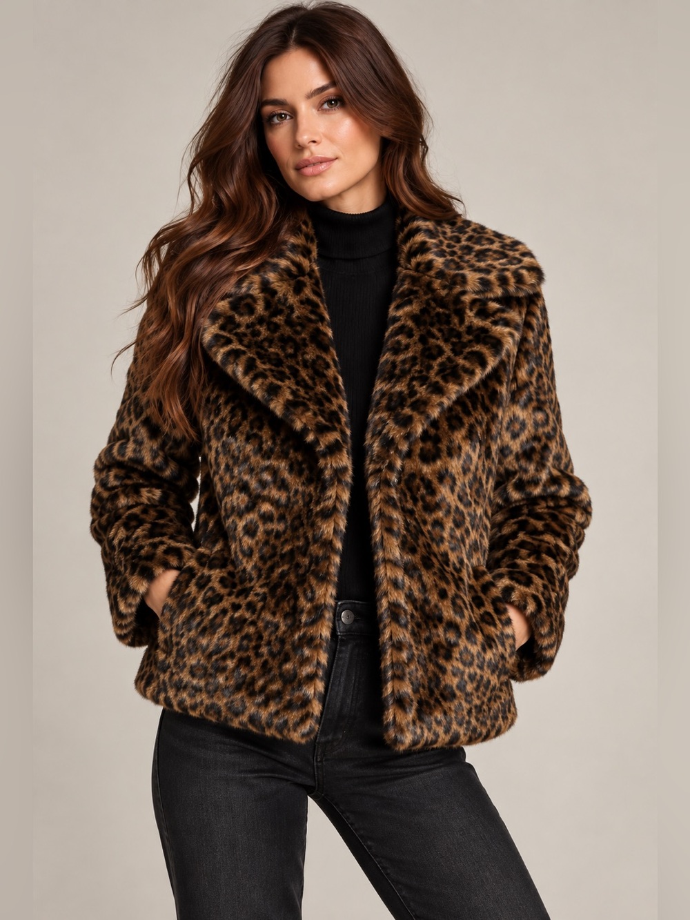 LINE Elvira Leopard Faux Fur Coat Brown Black Size S